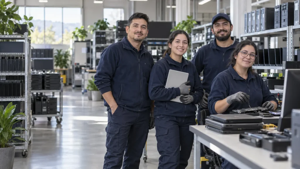 Equipo técnico de AlfaReciclo en una planta de recuperación de computadores